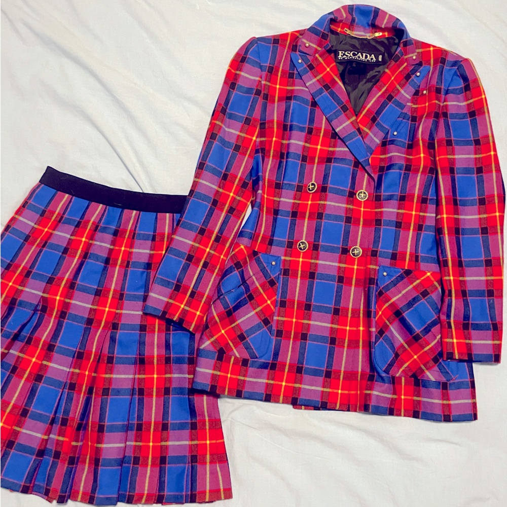 Vintage Escada Red Plaid Skirt Suit